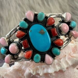 Sleeping beauty turquoise pink conch coral statement sterling silver cuff